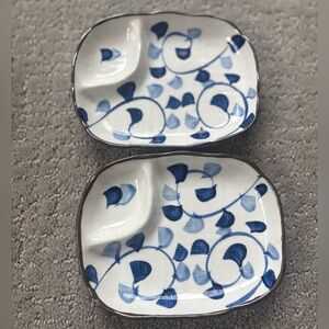Lot of 2 Japanese Floral Porcelain Sushi Plate 2 Slots w/ Soy Sauce Compartment